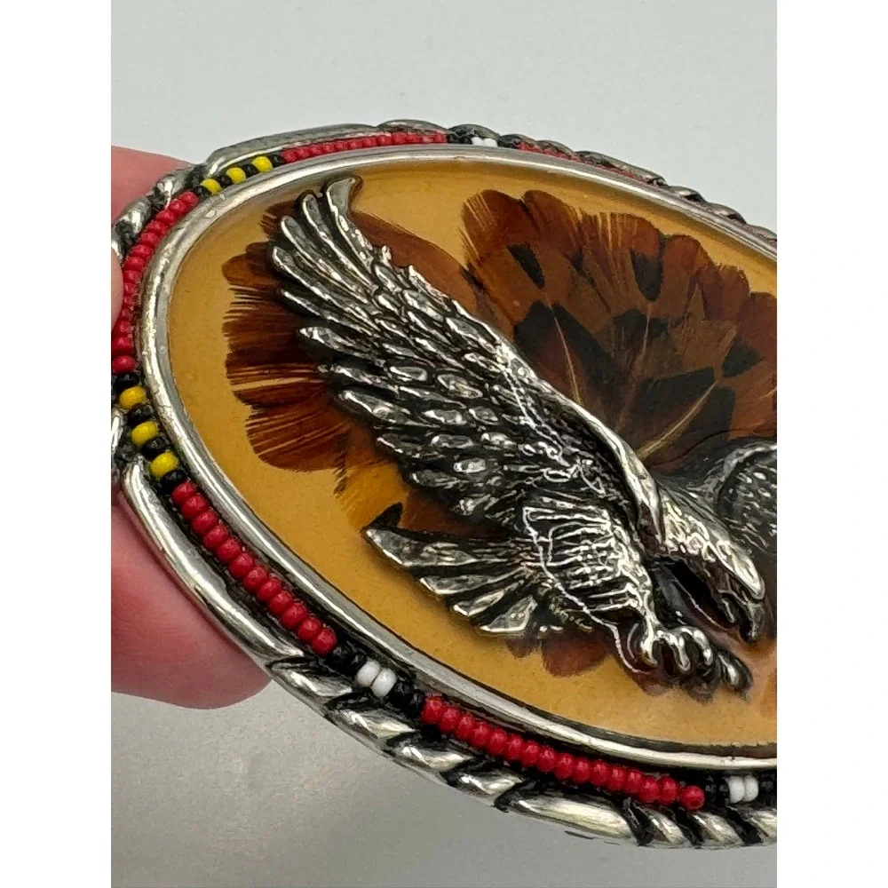 Vintage Western Eagle Feather Resin Belt Buckle Beaded Rope Edge Silver Tone
